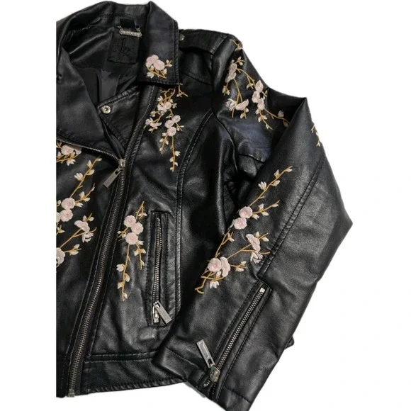 JouJou J2 Cherry Blossom Embroidered Moto Jacket Womens XL Black Biker - Picture 2 of 8
